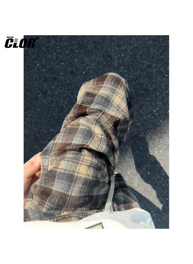 Clor Spring Summer Plaid Casual Pants Men American Streetwear Loose Retro Colorblock Versatile Straight Leg Pants Cl87 Coffee Check 4XL - Image 2