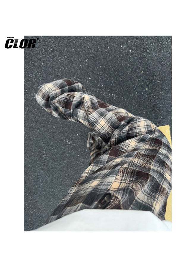 Clor Spring Summer Plaid Casual Pants Men American Streetwear Loose Retro Colorblock Versatile Straight Leg Pants Cl87 Coffee Check 4XL - Image 3