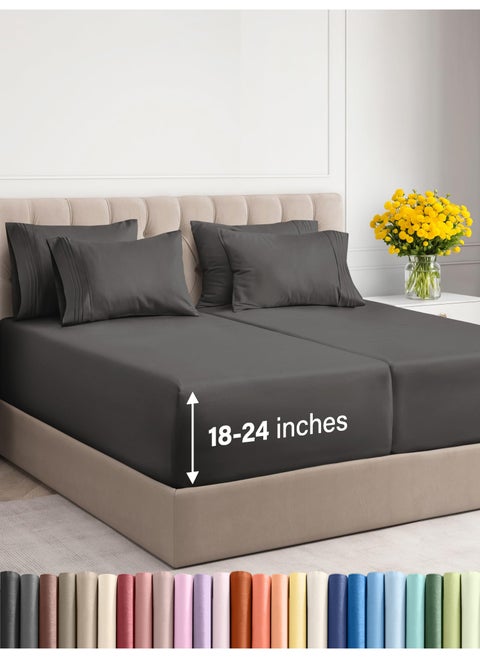 Extra Deep Full Sheet Set - 6 Piece Breathable & Cooling Sheets - Hotel Luxury Bed Sheets Set - Easy & Secure Fit - Soft  Wrinkle Free & Comfy Sheets Set - Charcoal Sheet Set with Extra Deep Pockets