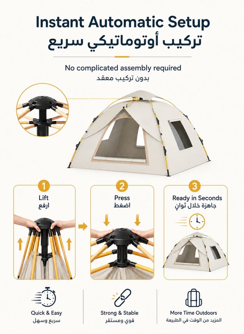 fdsport Automatic Pop Up Camping Tent for 2-3 Person, 200x150x125cm, UPF 50+ UV Protection Water-Resistant Family Tent with 2 Doors & 2 Mesh Windows, Portable Quick Setup Tent for Desert, Beach & Outdoor - Image 4