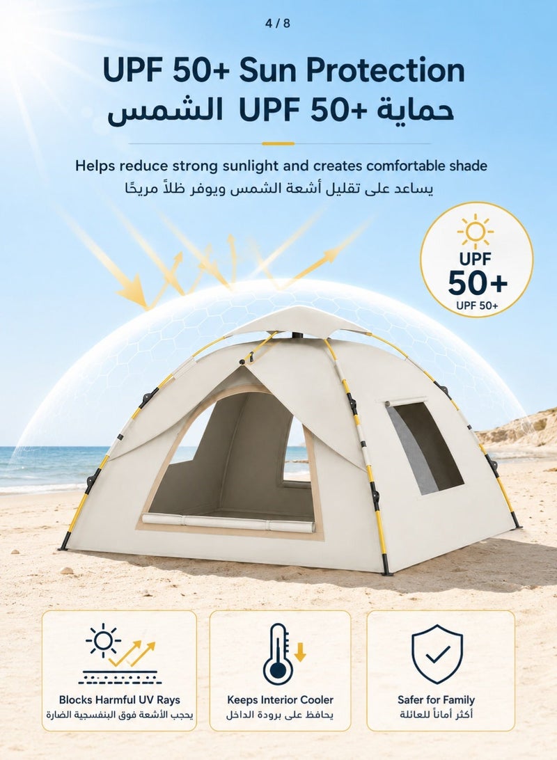 fdsport Automatic Pop Up Camping Tent for 2-3 Person, 200x150x125cm, UPF 50+ UV Protection Water-Resistant Family Tent with 2 Doors & 2 Mesh Windows, Portable Quick Setup Tent for Desert, Beach & Outdoor - Image 5