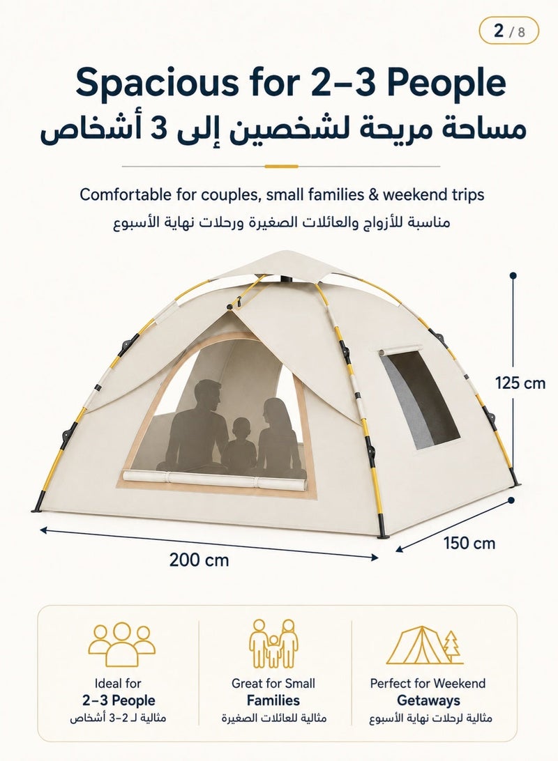 fdsport Automatic Pop Up Camping Tent for 2-3 Person, 200x150x125cm, UPF 50+ UV Protection Water-Resistant Family Tent with 2 Doors & 2 Mesh Windows, Portable Quick Setup Tent for Desert, Beach & Outdoor - Image 3