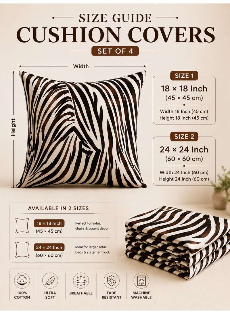 Eworld 4-Piece Printed Cushion Cover Set, 100% Cotton Fabric, Zebra Print, Breathable & Fade Resistant, Machine Washable Cushion Covers, Available in 2 Sizes - Image 2
