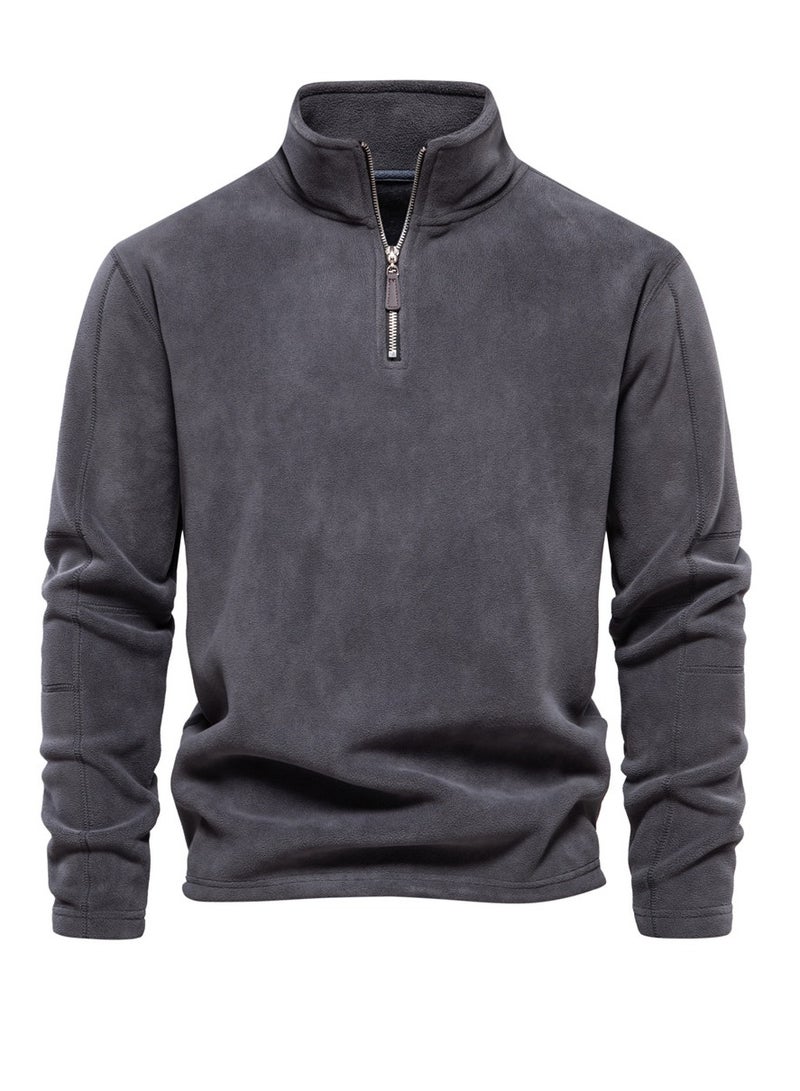 Loquat Men's Autumn And Winter Standing Collar Long Sleeved Hoodie Fleece Top  Dark Grey  - Image 1