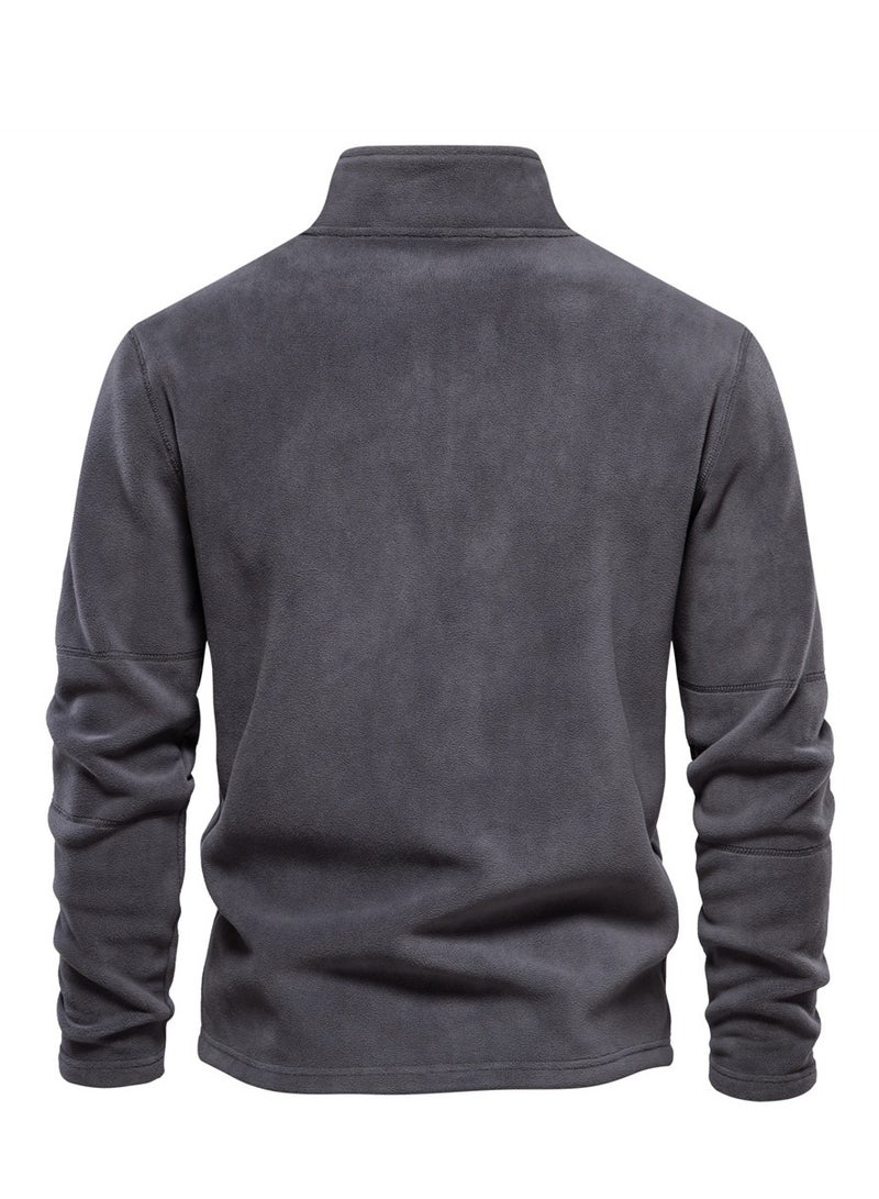 Loquat Men's Autumn And Winter Standing Collar Long Sleeved Hoodie Fleece Top  Dark Grey  - Image 2