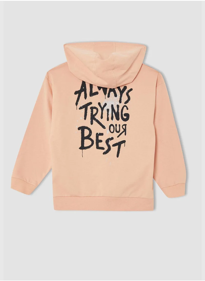 DeFacto Regular Fit Long Sleeve Slogan Print Hoodie with Kangaroo Pockets