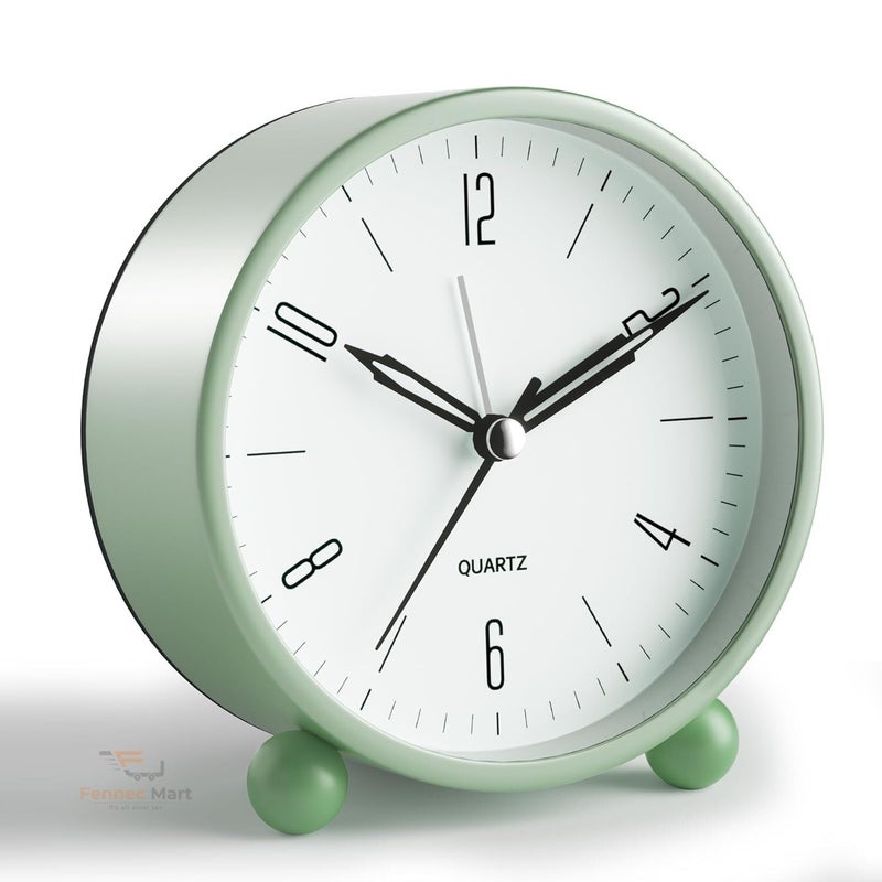 Fennec Mart 4 inch Super Silent Non Ticking Small Analog Alarm Clock with Night Light Simple Design Vintage Style Decor for Bedroom Bedside Desk Table Green - Image 1