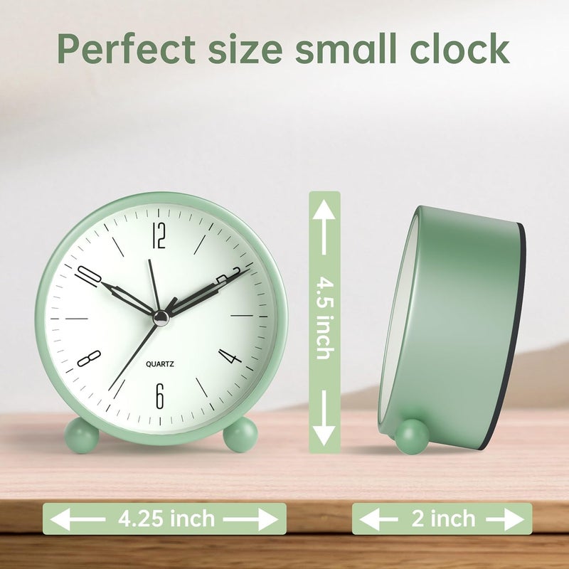 Fennec Mart 4 inch Super Silent Non Ticking Small Analog Alarm Clock with Night Light Simple Design Vintage Style Decor for Bedroom Bedside Desk Table Green - Image 3