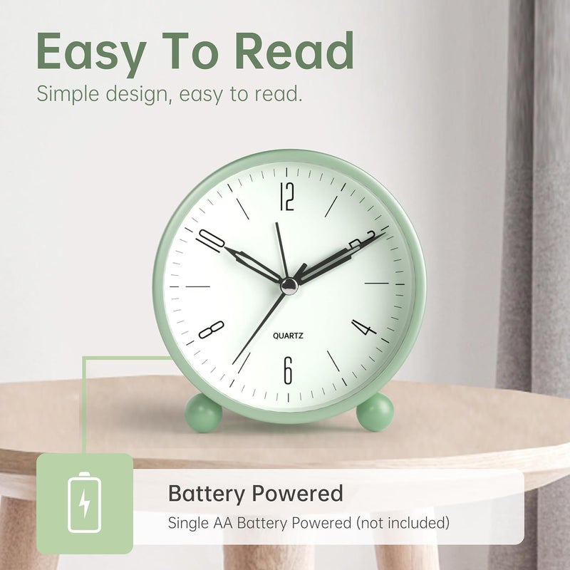 Fennec Mart 4 inch Super Silent Non Ticking Small Analog Alarm Clock with Night Light Simple Design Vintage Style Decor for Bedroom Bedside Desk Table Green - Image 4