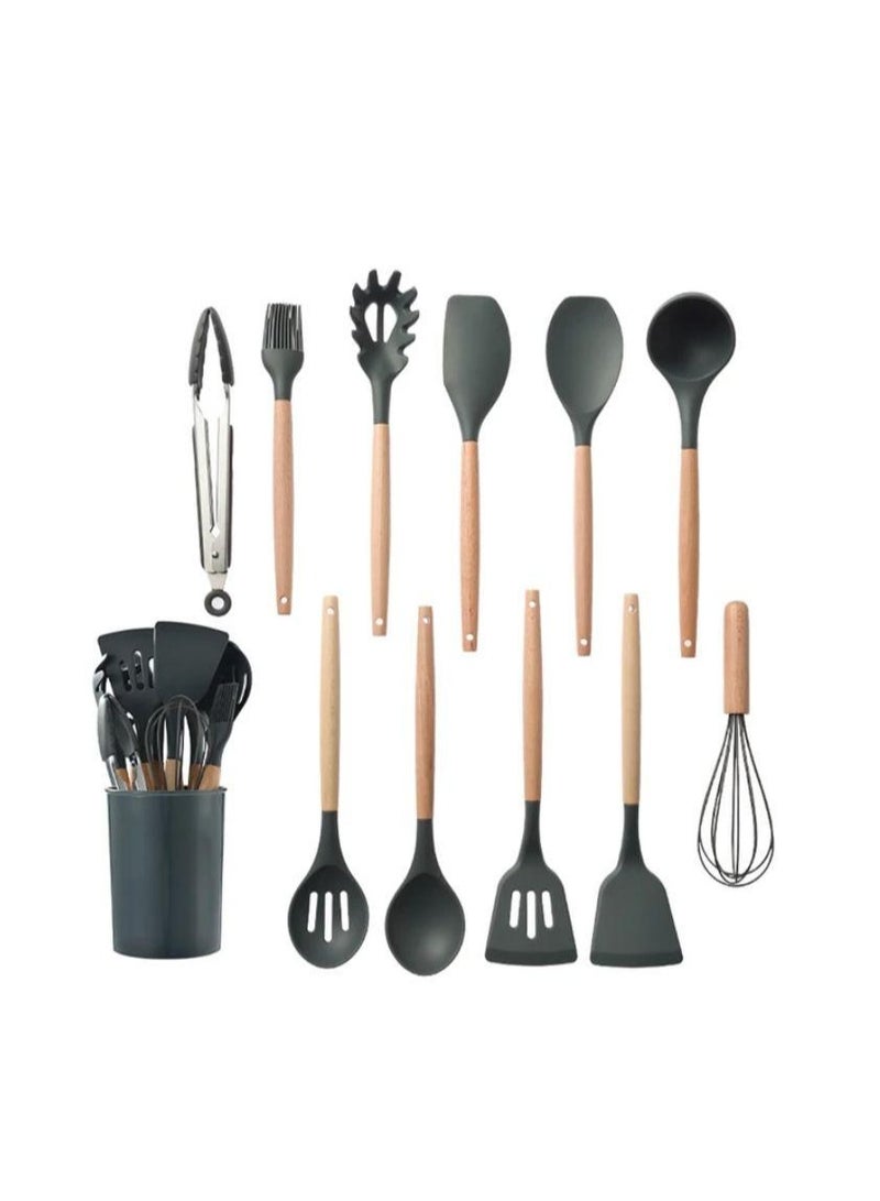 اباريك الصفا طقم ملاعق طبخ بمقبض خشبي مكون من 12 قطعة من السيليكون أسود/بني - Image 1
