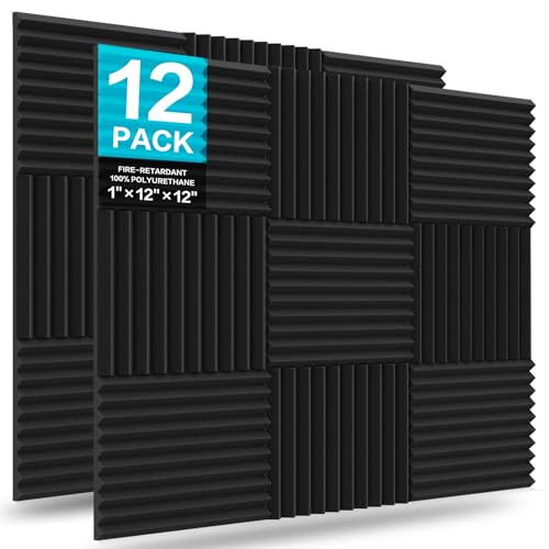 JBER 12 Pack Acoustic Foam Panels, 1" X 12" X 12" Sound Proof Foam Panels for Walls, High Desnsity Studio Soundproofing Wedges - Fire Resistant & Noise Absorbing for Studio, Office, Home (Black) - Image 1