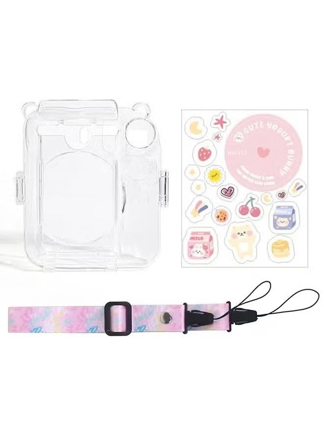 3 Pack Clear Camera Case Compatible with Fujifilm Instax Mini 12 Instant Camera - Mini 12 Hard Case with Photo Pocket Holds on Back and Adjustable Shoulder Strap & Cute Camera Sticker (Pink)  - Image 3