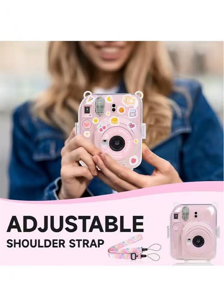 3 Pack Clear Camera Case Compatible with Fujifilm Instax Mini 12 Instant Camera - Mini 12 Hard Case with Photo Pocket Holds on Back and Adjustable Shoulder Strap & Cute Camera Sticker (Pink)  - Image 5