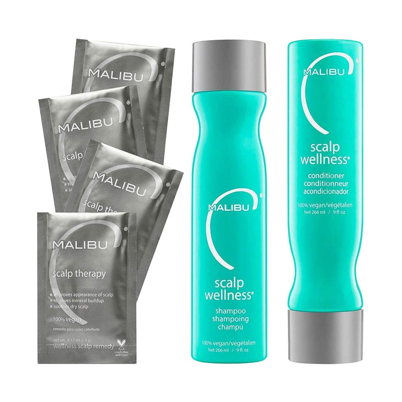 Malibu C Malibu C Scalp Wellness Collection - Soothing Shampoo and Conditioner Hair Care Set for Dry Scalp - Formulated with Vitamin C Antioxidant Complex - Travel Size Scalp Remedy Packets Included (33.8 oz)
