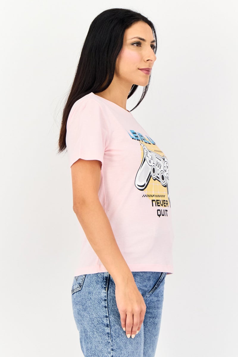 ONLY Women Crew Neck Short Sleeve Graphic Print T-Shirt, Pink - Image 3