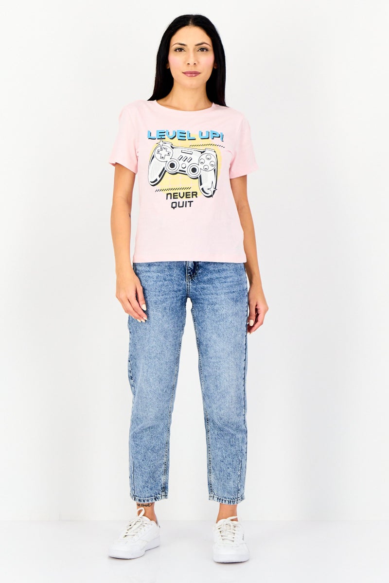 ONLY Women Crew Neck Short Sleeve Graphic Print T-Shirt, Pink - Image 4