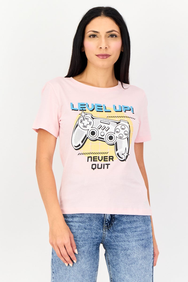 ONLY Women Crew Neck Short Sleeve Graphic Print T-Shirt, Pink - Image 1