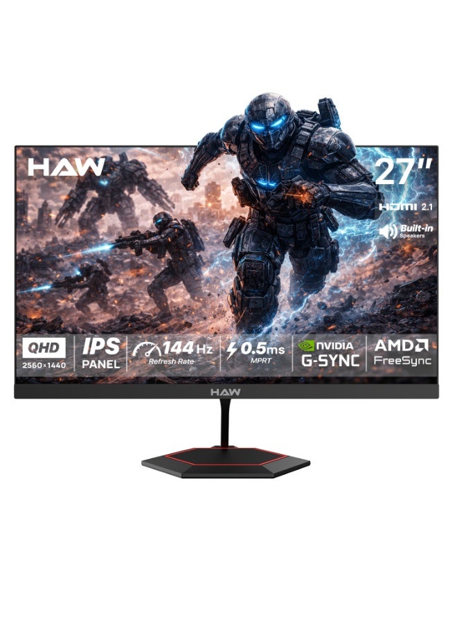 هاو شاشة ألعاب HAW مقاس 27 بوصة QHD (2560×1440) بتقنية IPS، معدل تحديث 144 هرتز، زمن استجابة 0.5 مللي ثانية MPRT، متوافقة مع G-Sync وFreeSync، سماعات مدمجة، شاشة مسطحة، مناسبة للكمبيوتر وأجهزة الألعاب – أسود - Image 1