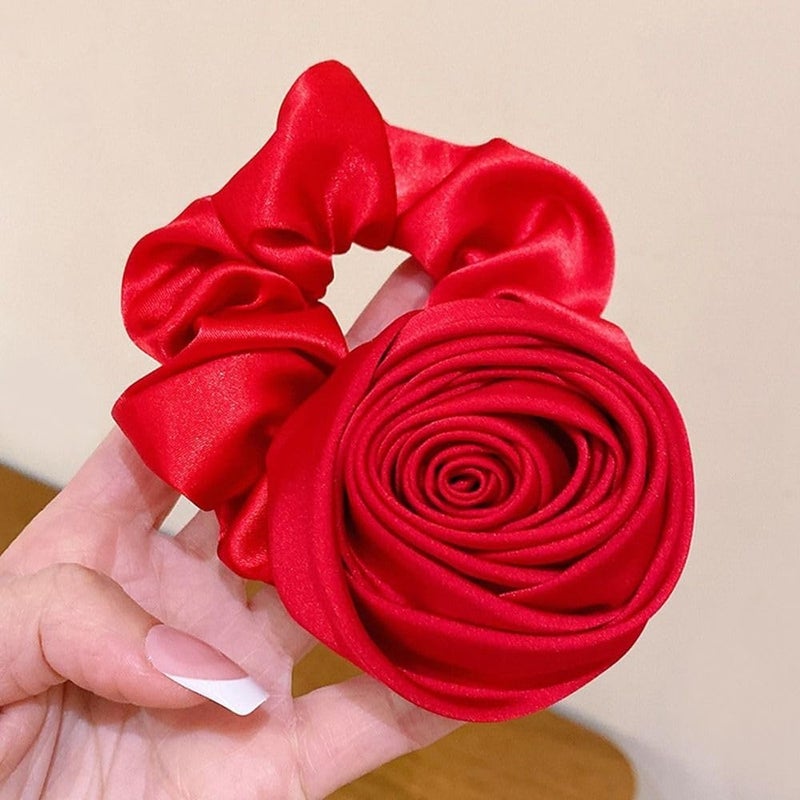 1Pc Wine Red Vintage Rose Flower Elastics Hair Ties Silk Satin Scrunchies Hair Band Ponytail Holders Hair Accessories for Women Girls Hair Accessories