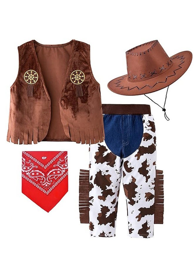 HALAMODO زي رعاة البقر للأطفال، أزياء رعاة البقر والفتيات الغربيين مع سترة بدون أكمام وقبعة ووشاح، مجموعة تنكرية للفتيات والأولاد لمهرجان الكرنفال والهالوين - Image 1