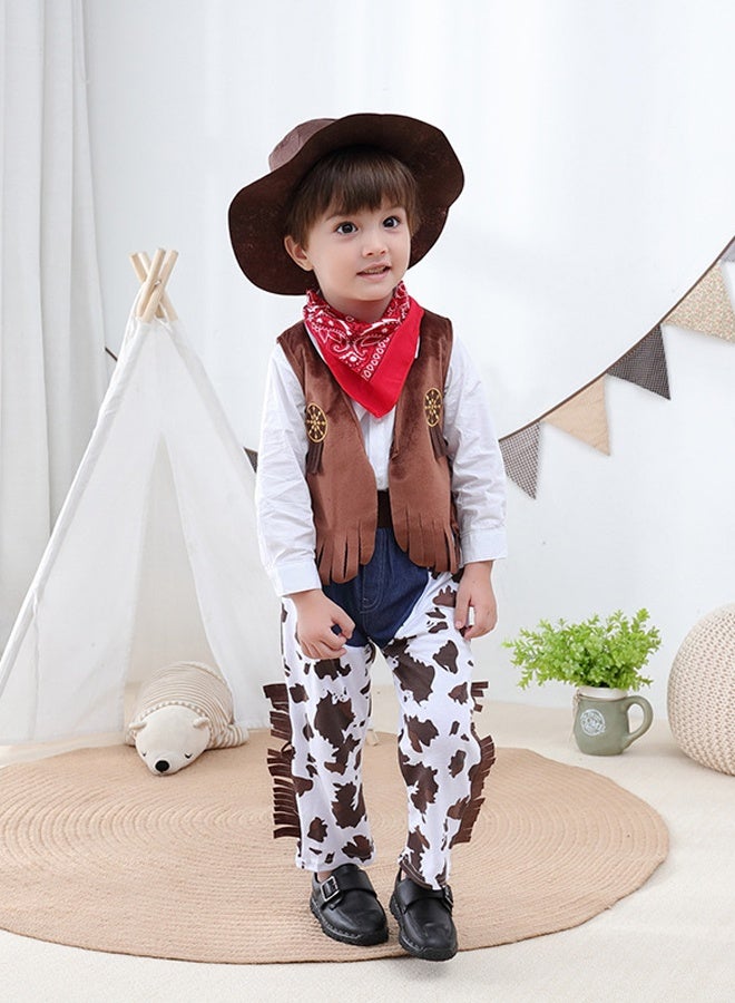 HALAMODO زي رعاة البقر للأطفال، أزياء رعاة البقر والفتيات الغربيين مع سترة بدون أكمام وقبعة ووشاح، مجموعة تنكرية للفتيات والأولاد لمهرجان الكرنفال والهالوين - Image 3