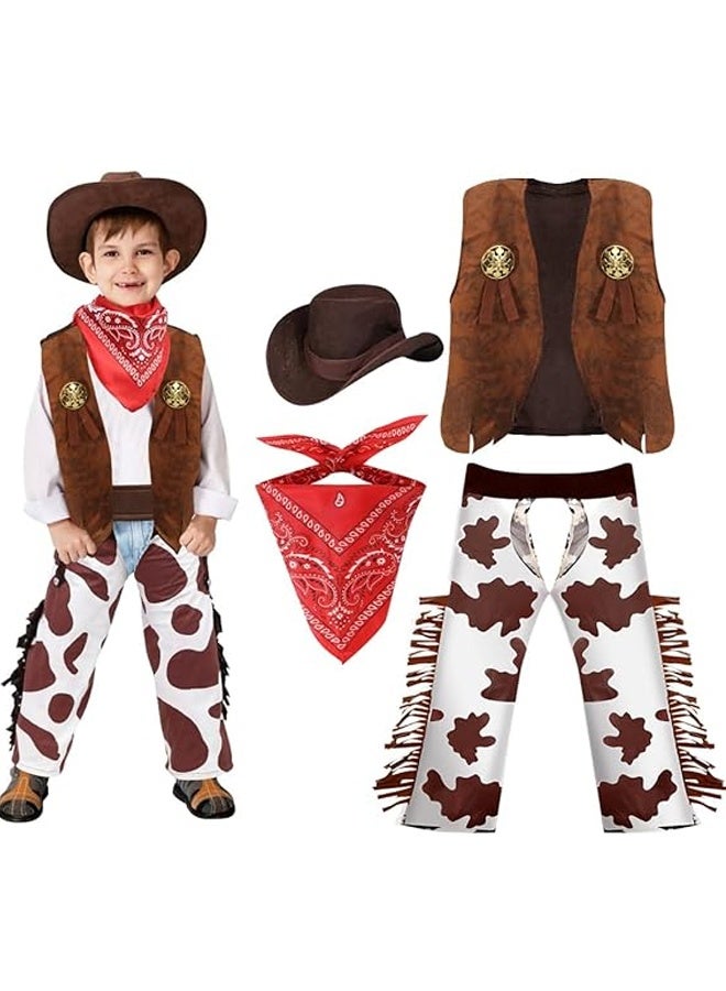 HALAMODO زي رعاة البقر للأطفال، أزياء رعاة البقر والفتيات الغربيين مع سترة بدون أكمام وقبعة ووشاح، مجموعة تنكرية للفتيات والأولاد لمهرجان الكرنفال والهالوين - Image 5