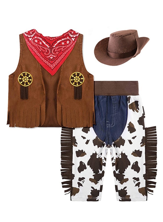 HALAMODO زي رعاة البقر للأطفال، أزياء رعاة البقر والفتيات الغربيين مع سترة بدون أكمام وقبعة ووشاح، مجموعة تنكرية للفتيات والأولاد لمهرجان الكرنفال والهالوين - Image 4