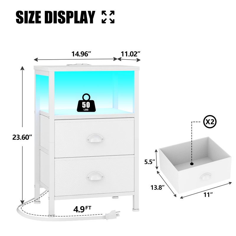 Furologee Nightstands Set of 2, End Tables Set of 2 with Charging Station and LED Lights, White Night Stands with 2 Fabric Drawers, Bedside Tables for Living Room/Bedroom - Image 4