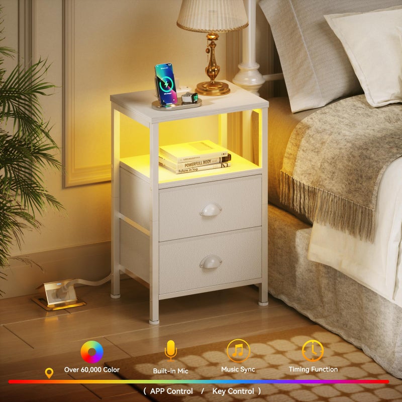 Furologee Nightstands Set of 2, End Tables Set of 2 with Charging Station and LED Lights, White Night Stands with 2 Fabric Drawers, Bedside Tables for Living Room/Bedroom - Image 2