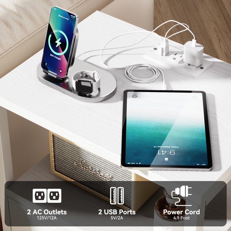 Furologee Nightstands Set of 2, End Tables Set of 2 with Charging Station and LED Lights, White Night Stands with 2 Fabric Drawers, Bedside Tables for Living Room/Bedroom - Image 3