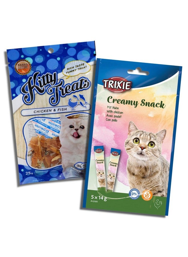 تريكسي مجموعة إيتس كومبو: وجبات خفيفة كريمية بنكهة الدجاج (5 أنابيب × 14 جرام) وحلوى كيتي على شكل دجاج وسمك، 25 جرام - مناسبة لجميع سلالات القطط - Image 1