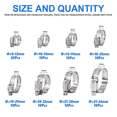 Glarks 100Pcs Adjustable 844mm Range 304 Stainless Steel Worm Gear Hose Clamps Assortment Kit Fuel Line Clamp for Water Pipe Plumbing Automotive and Mechanical Application Hose Clamp Kit - Image 3