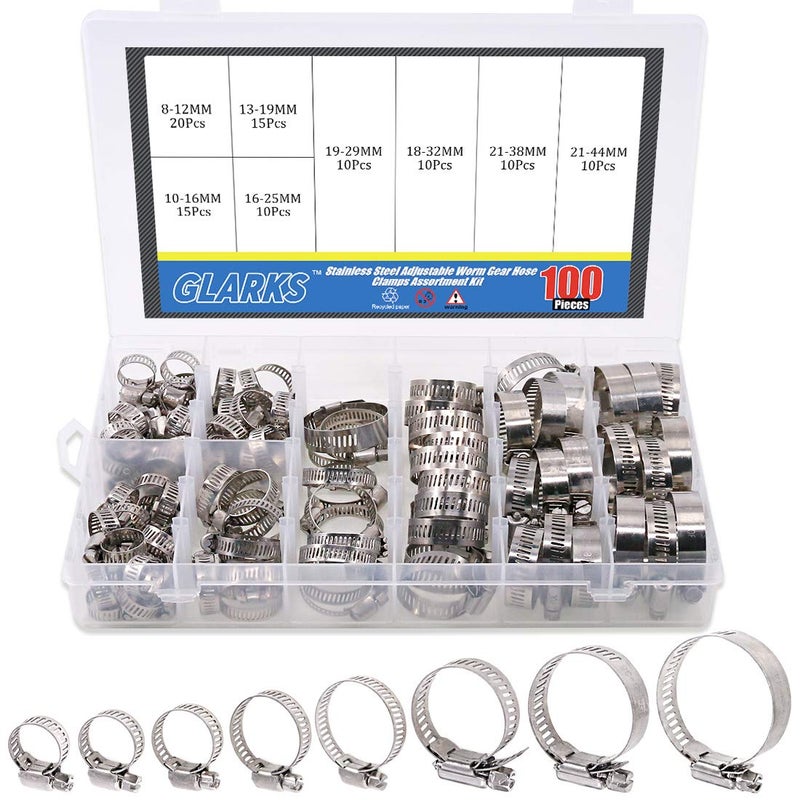 Glarks 100Pcs Adjustable 844mm Range 304 Stainless Steel Worm Gear Hose Clamps Assortment Kit Fuel Line Clamp for Water Pipe Plumbing Automotive and Mechanical Application Hose Clamp Kit - Image 2