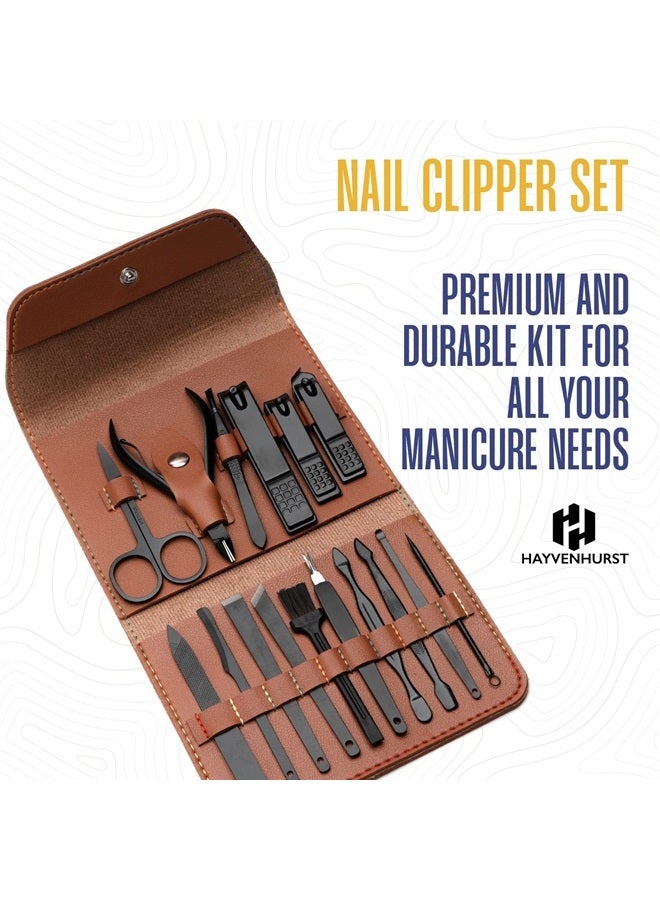 Hayvenhurst Nail Kit - Nail Clipper Set - Manicure Set - 15 Stainless Steel Pieces Manicure Kit For Men's - Pedicure Kit With Nail Clippers For Men - Mens Grooming Kit With Luxurious Brown Leather portable Travel - Image 2