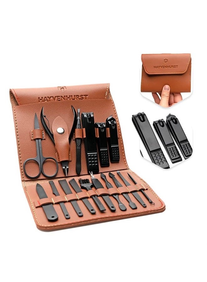 Hayvenhurst Nail Kit - Nail Clipper Set - Manicure Set - 15 Stainless Steel Pieces Manicure Kit For Men's - Pedicure Kit With Nail Clippers For Men - Mens Grooming Kit With Luxurious Brown Leather portable Travel - Image 1