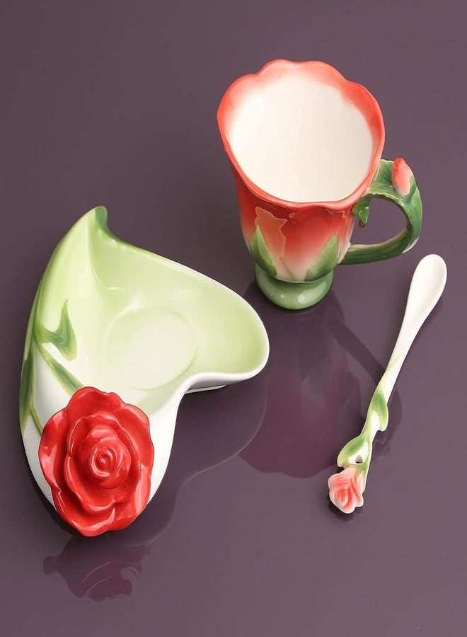 ONEUSTAR Tea Cup and Saucer Set for 1 Ceramic Bone China Handicraft Rose Flower Shaped Coffee Cup with Spoon 6 Oz Teacup for Christmas Gift, Red - Image 5