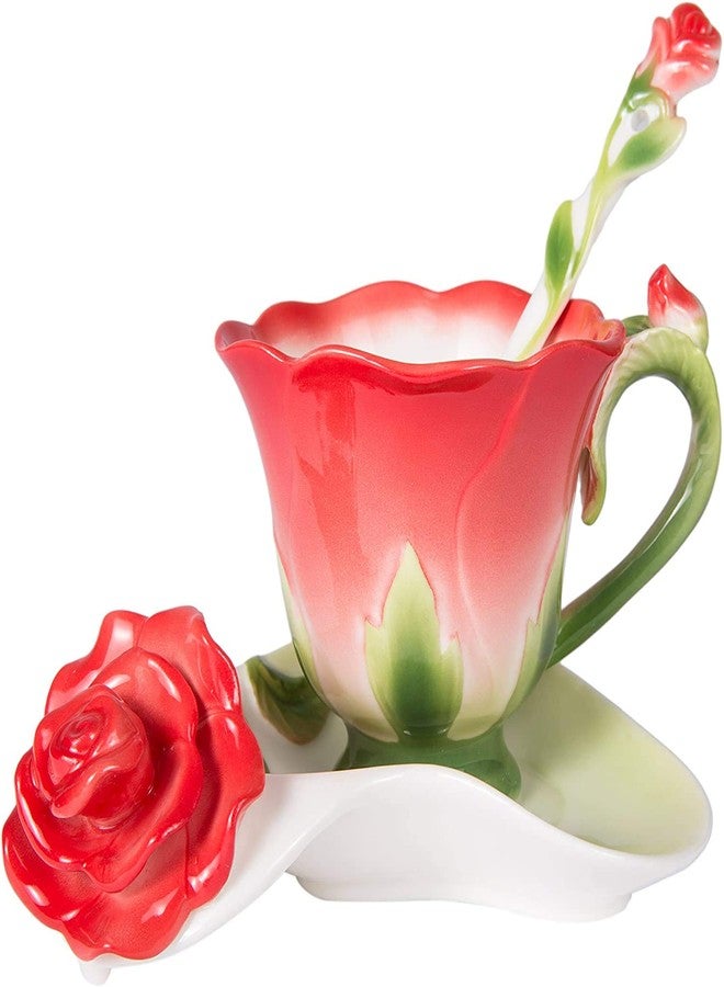ONEUSTAR Tea Cup and Saucer Set for 1 Ceramic Bone China Handicraft Rose Flower Shaped Coffee Cup with Spoon 6 Oz Teacup for Christmas Gift, Red - Image 1