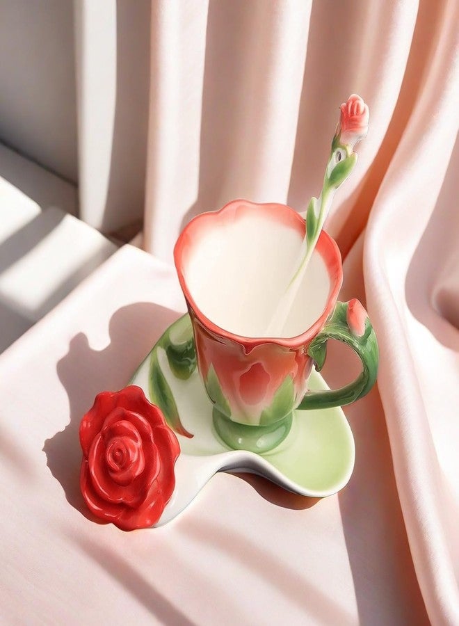 ONEUSTAR Tea Cup and Saucer Set for 1 Ceramic Bone China Handicraft Rose Flower Shaped Coffee Cup with Spoon 6 Oz Teacup for Christmas Gift, Red - Image 2