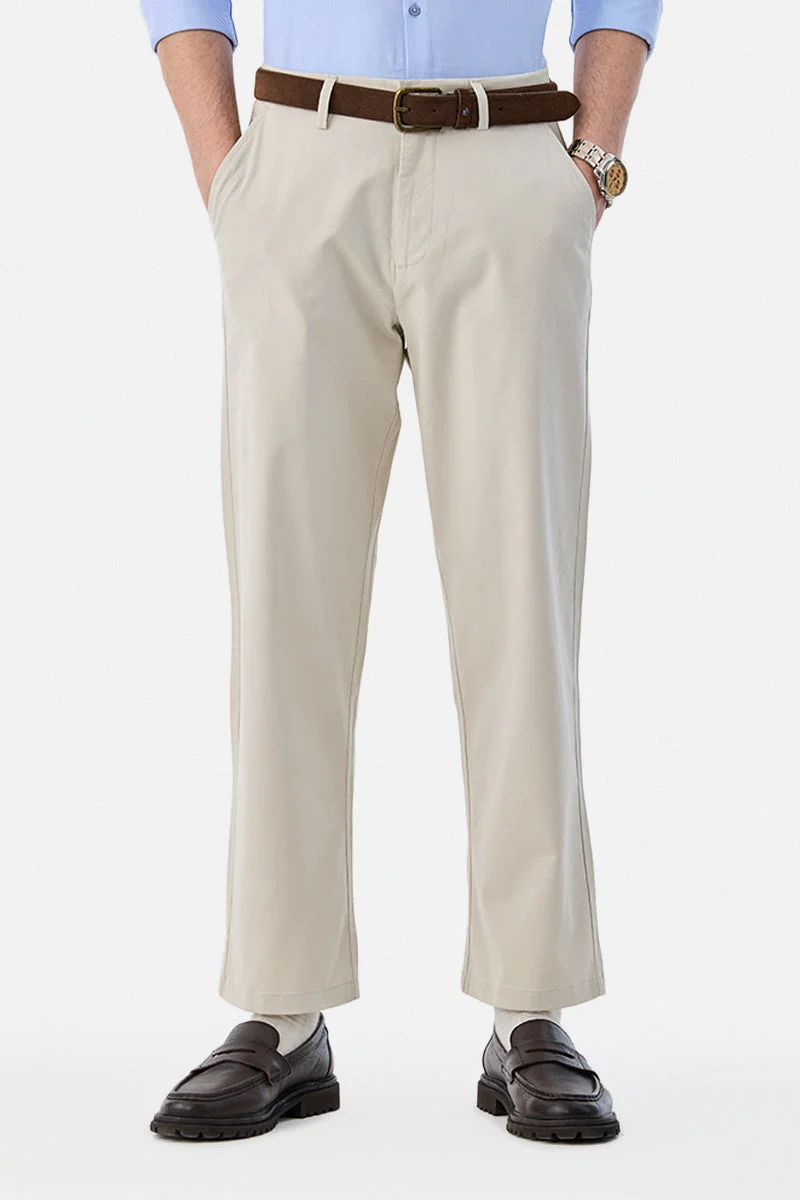 SNITCH Cream Solid Wide Leg Casual Chinos