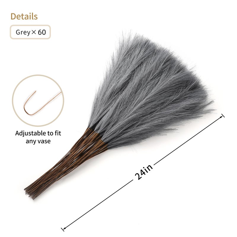 Wertuirk 60pcs Grey Pampas Grass Decor - 24 Inch Long Faux Pampas Grass Decor  Artificial Pampas Feather for Vase Filler  Wedding  Party  Office and Home Decor (Grey) - Image 1