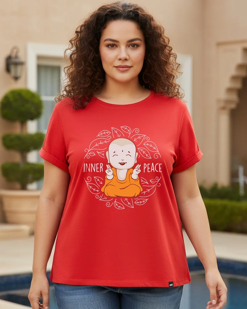 bewakoof Women's Red Inner Peace Graphic Printed Plus Size Boyfriend T-shirt