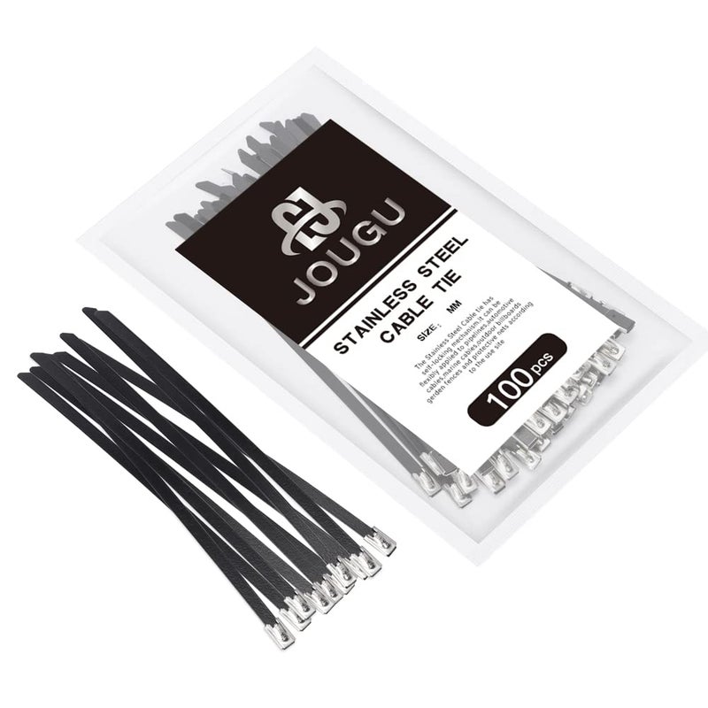 JOUGU Metal Zip Ties Black 11.8 inch 100pcs 304 Stainless Steel Epoxy Coated Locking Cable 300mm Heavy Duty Exhaust Wrap Multi Purpose Binding for machinery, vehicles, farms, cables, pipes,Fence - Image 1