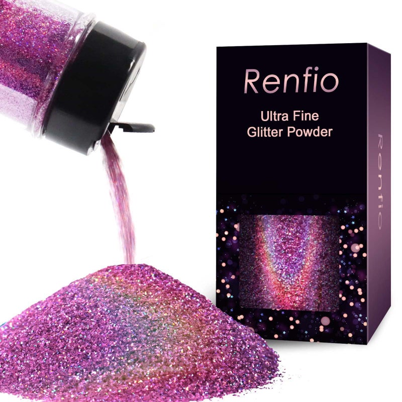 Renfio Holographic Ultra Fine Glitter Powder Metallic Resin Glitter 2.11 Oz (60g) PET Flakes Crafts Sequins 1/128" 0.008" 0.2mm Epoxy Chips Flakes for Roses Tumblers Slime - Laser Pinkish - Image 1