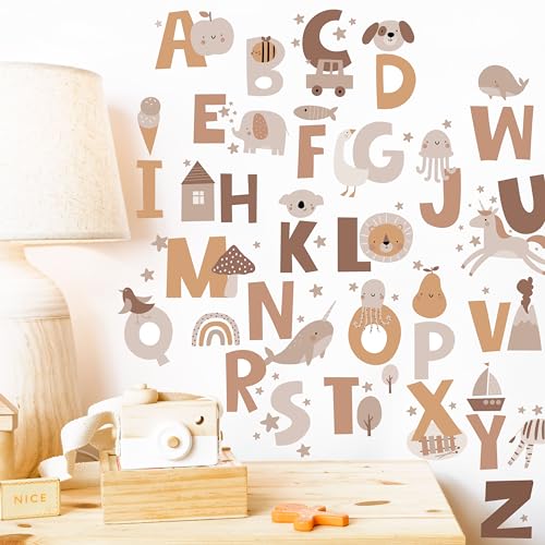 DesignStickers Alphabet Stickers Boho ABC Wall Decals Kids Nursery ABC Wall Dcor Sticker Educational Classroom Peel Stick Letters Stickers 30 Neutral Animal Alphabet wall clings Test Sample Included - Image 1