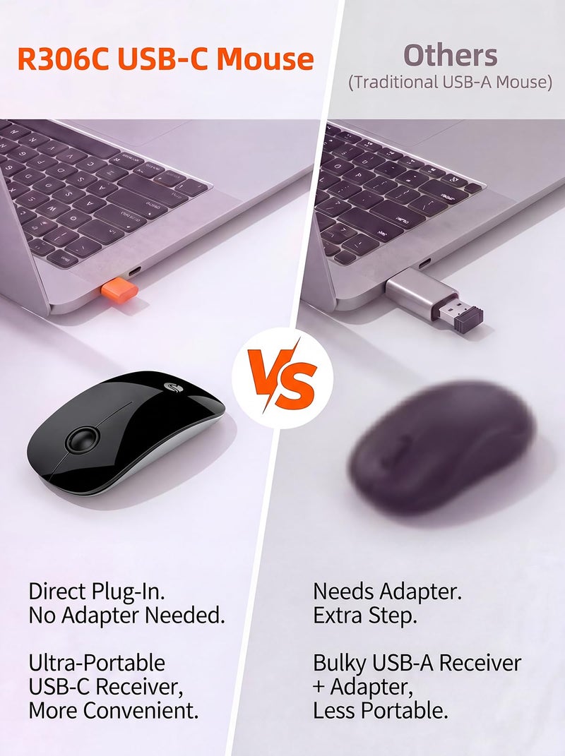 RAPIQUE R306C USB C Wireless Mouse, Type-C 2.4GHz Portable Computer Mouse, Silent Click, Ultra-Slim, 3 DPI Levels, 480 Hours Battery Life, for USB-C Laptops, MacBook, iPad, Tablet, Android – Black - Image 3