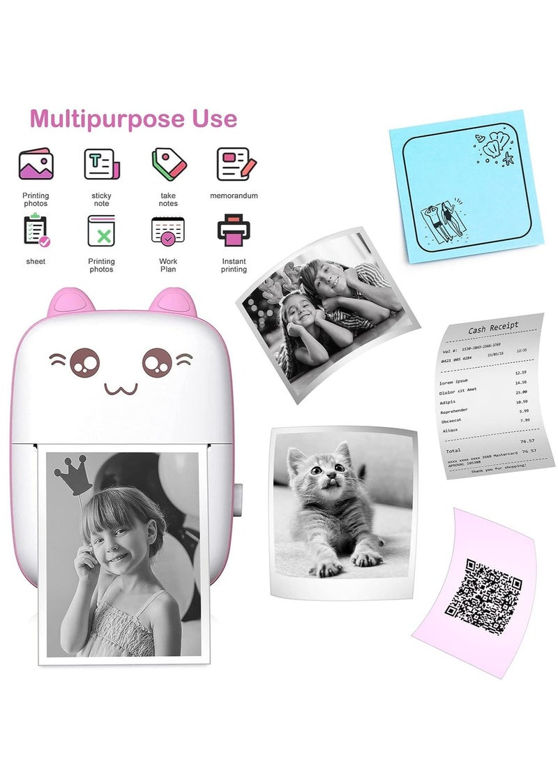 Mini printer portable, pocket thermal printer with 10 rolls of printing paper and 5 color pens, used for photo, image, office receipt, label, QR code, inkless printing, iOS Android application (pink)