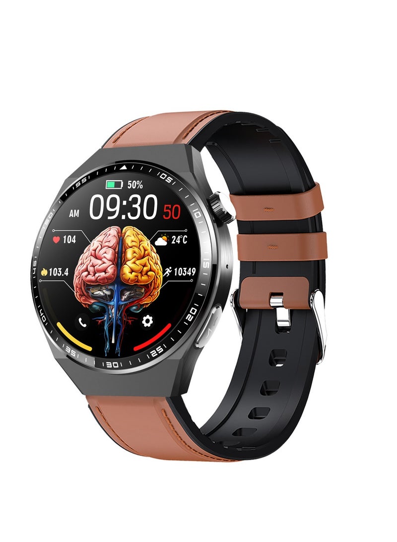 ساعة ذكية F800، ساعة أندرويد بشاشة تعمل باللمس، ساعة مريحة ومتينة لتتبع النشاط مع تخطيط كهربية القلب ومنبه SOS ومقياس الخطوات ومراقبة نسبة السكر في الدم، (قطعة واحدة، بني، حزام جلدي) - Image 1