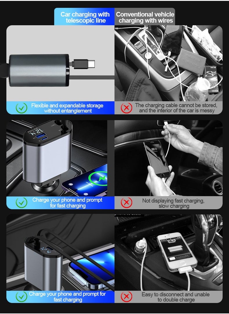 12/24V 120W Fast Car Charger with Retractable Charging Cable Fast Car Power Adapter PD20W for iPhone Type C 40W Car Bluetooth USB Charger Plug with iPhone,Samsung,Galaxy,Huawei,Xiaomi