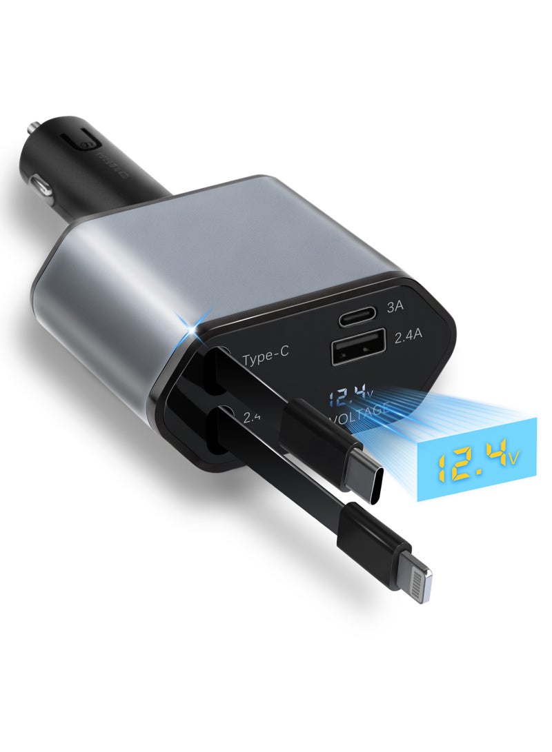 Xkimos 12/24V 120W Fast Car Charger with Retractable Charging Cable Fast Car Power Adapter PD20W for iPhone Type C 40W Car Bluetooth USB Charger Plug with iPhone,Samsung,Galaxy,Huawei,Xiaomi - Image 1