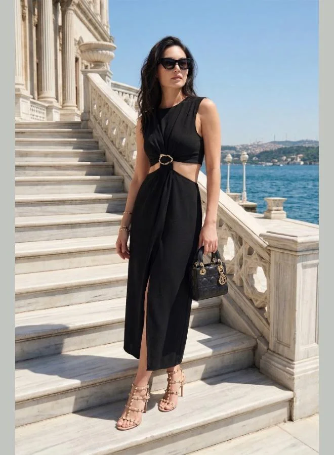 Lela Lela A-Line Bicycle Collar Slit Midi Dress with Accessory Details Women's Dress 6525743